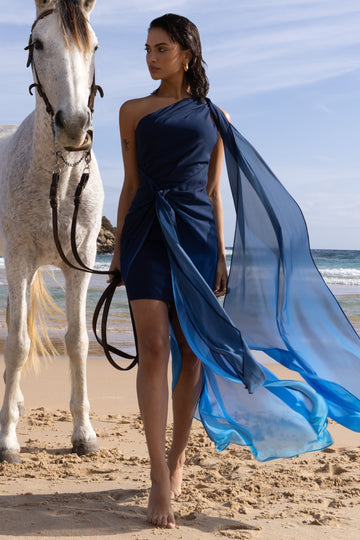 Faded Blue Ombre One Shoulder Wrap Maxi Dress With Drape